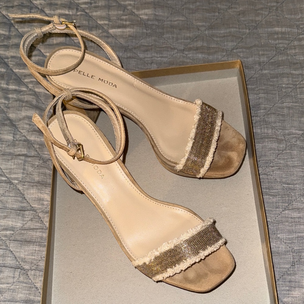 Pelle Moda Taupe Ankle-Strap Heeled Sandals